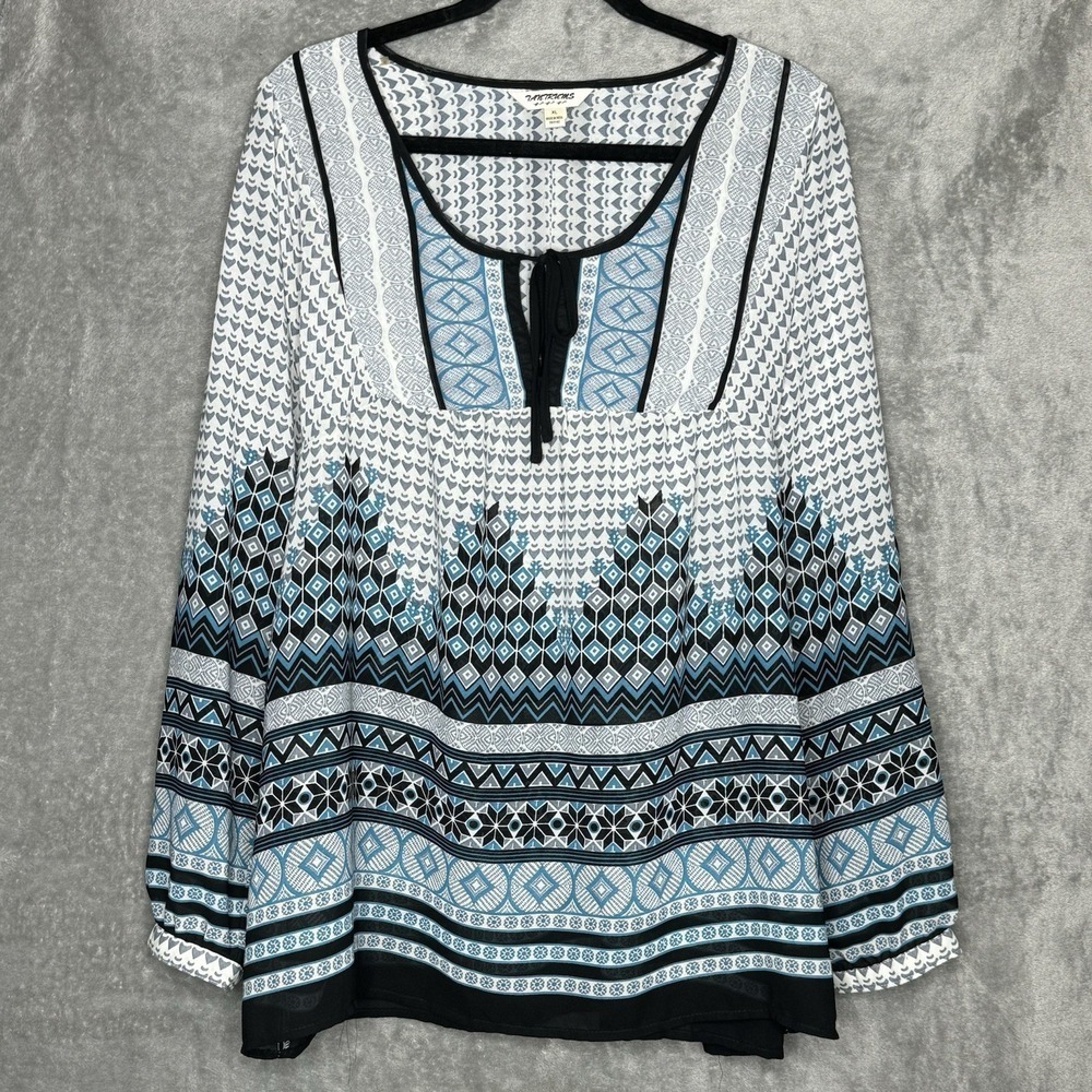 Tantrums XL Shirt Top White Blue Geometric Long Sleeve Keyhole Scoop Neck Womens